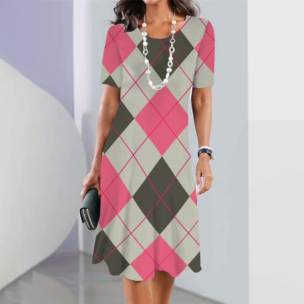 New Plaid Graphic Print Dresses For Women Elegant Dresses Summer Medium Length Dress Plus Size Female Fashion