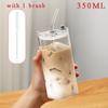 Tasse à café/thé en verre carré 350 ml, bouteille à paille en verre borosilicaté résistant à la chaleur, avec couvercle, paille et brosse de nettoyage
