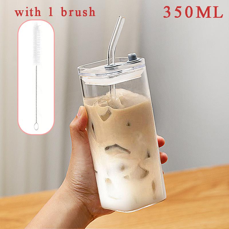 Tasse à café/thé en verre carré 350 ml, bouteille à paille en verre borosilicaté résistant à la chaleur, avec couvercle, paille et brosse de nettoyage