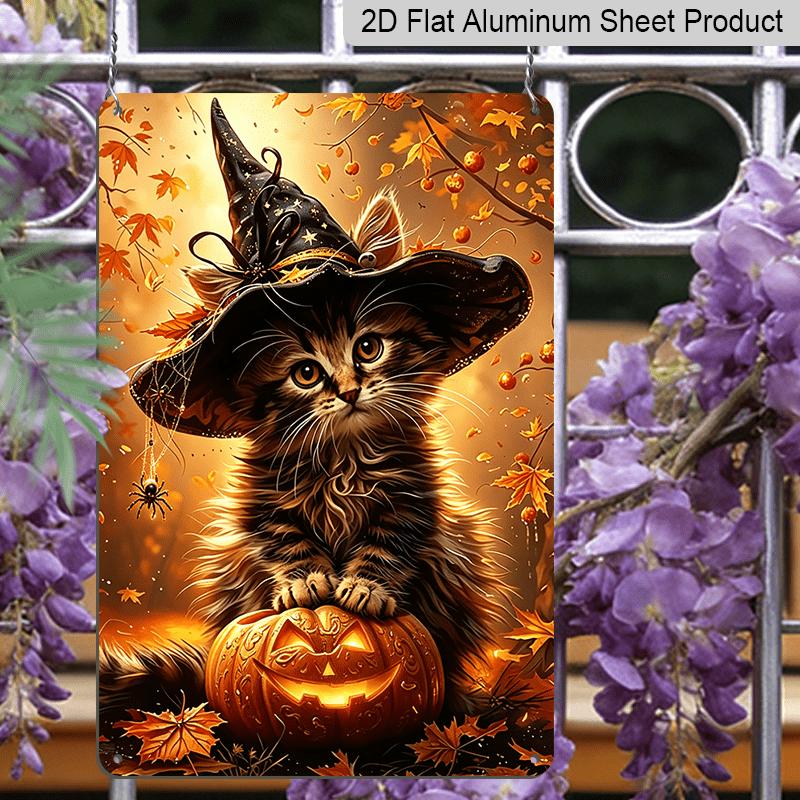 2D Flat, 1pc Autumn Maple Witch Kitty Halloween Aluminum Sign, Pumpkin Decorative Sign, Fun Decor, Halloween Artwork Wall Decor, Modern Wall Art, for