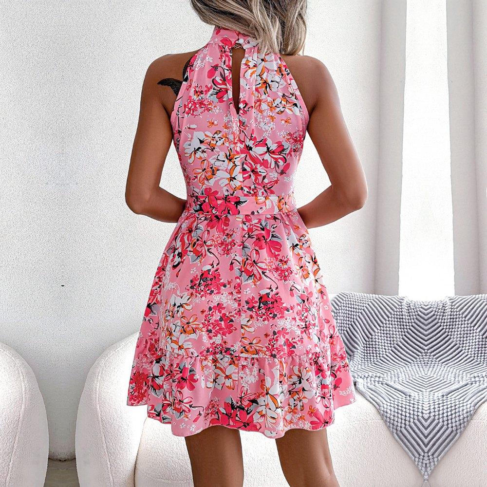 Frühling Sommer Frauen Neckholder Ärmelloses Temperament Spitze Up Rüschen Floral A-linie Kurzes Kleid S-XXL