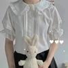 Japon Tatlı Lolita Tarzı Bluzlar Kadın Kawaii Peter Pan Yaka JK Gömlekler Kızlar Sevimli Fırfırlar Kısa Puf Kollu Beyaz Üst