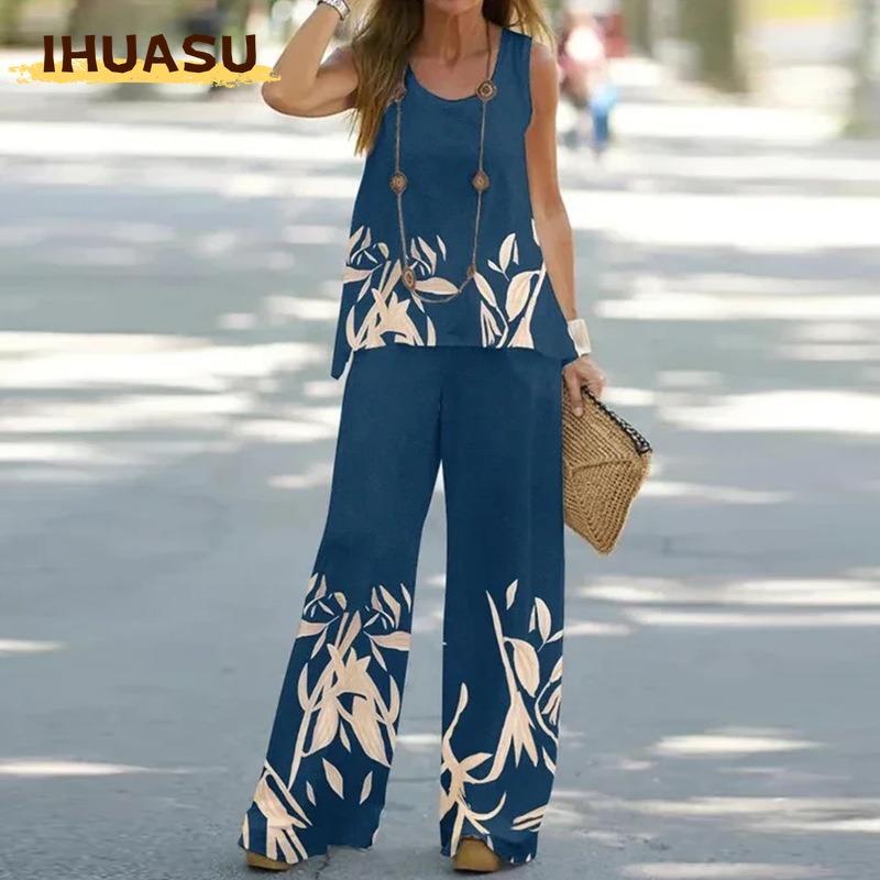IHUASU Women's Fashion Casual Short Sleeve O-Neck Pants Suits