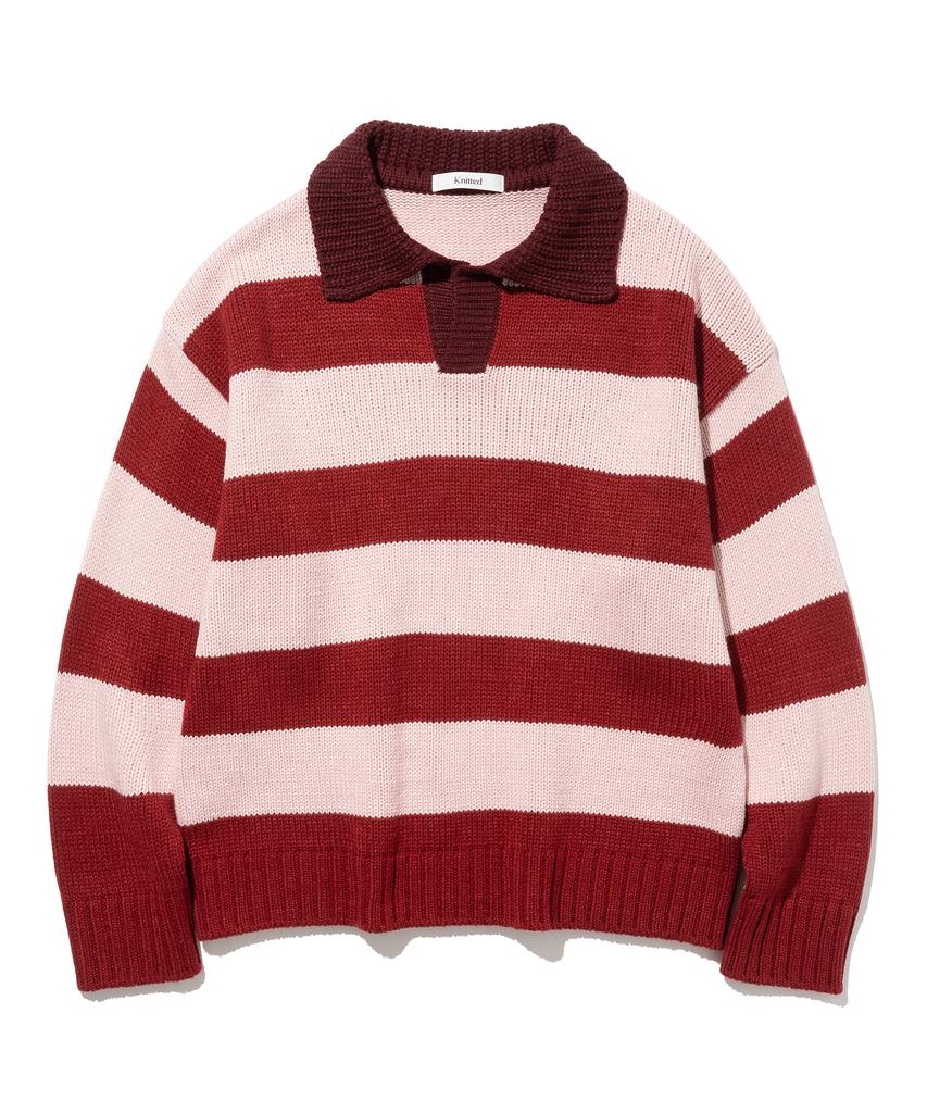 KNITTED Open Collar Striped Knit Red
