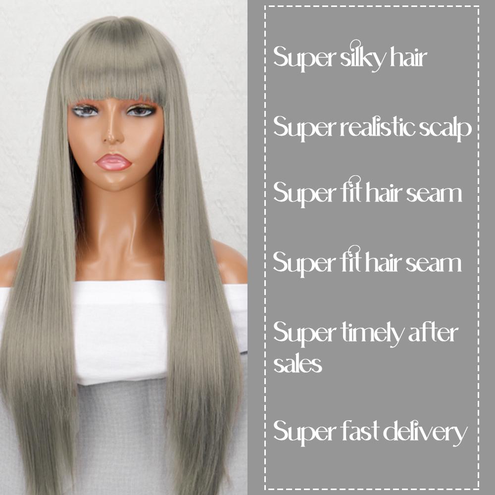 MISS WIG Gray Synthetic Wigs with Bangs for Women Daily Wear Pink Brown Black Soft Long Straight Wig Heat Resistant Fiber Hair