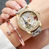 Fashion Rhinestone Women's Watch Flowers Printed Leather Band Female Quartz Watches