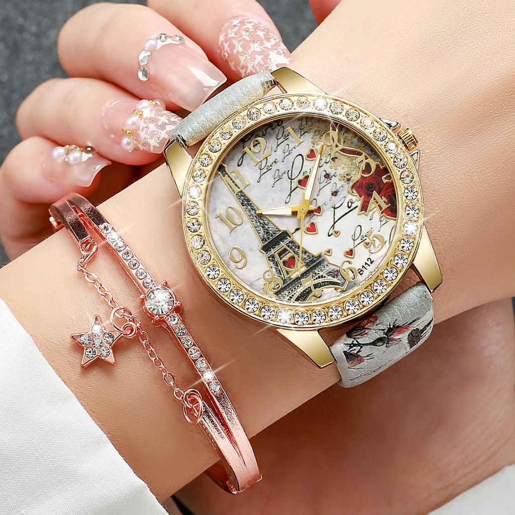 Fashion Rhinestone Women's Watch Flowers Printed Leather Band Female Quartz Watches