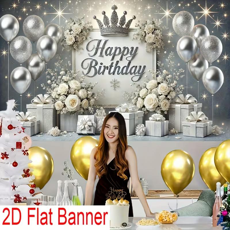 

2D FLAT Banner Silver Crown Happy Birthday Party Photo Booth Background Cloth 47.2x31.5inch/120*80cm