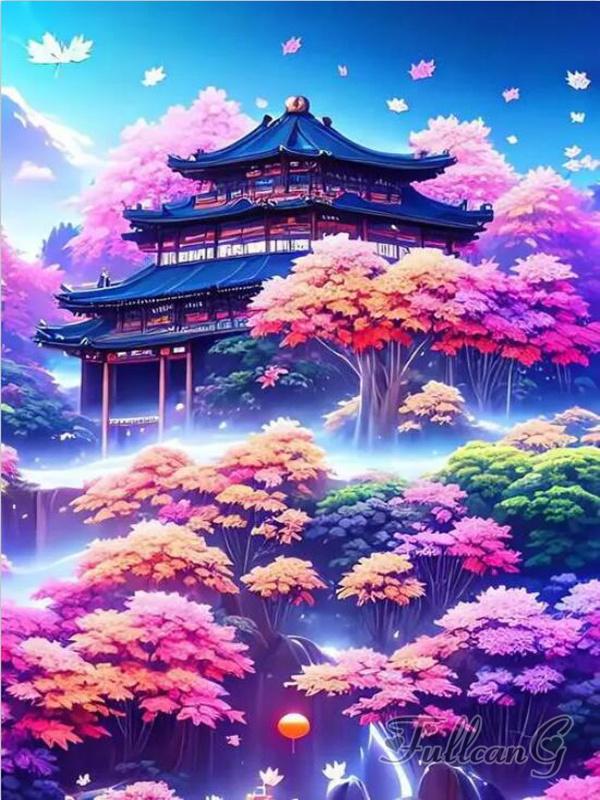 Japanese Cherry Blossoms Diamond Painting New Arrivals Waterfall Temple Landscape Full Rhinestone Embroidery Mosaic Cross Stitch Kits AA4518