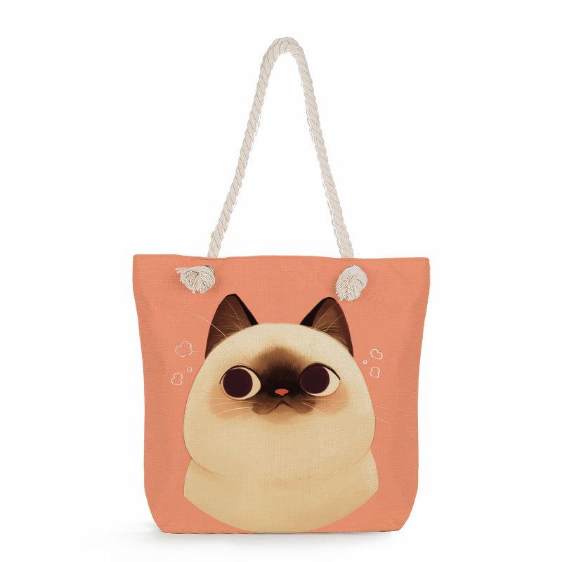 Multifunctional Cartoon Cat Printed Thick Rope Shoulder Beach Bag Casual Large Capacity Handbag 0116 CLE