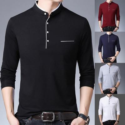 Men's New Fashion Stand Collar Men's Long Sleeve T-Shirt Pure Shirt Top