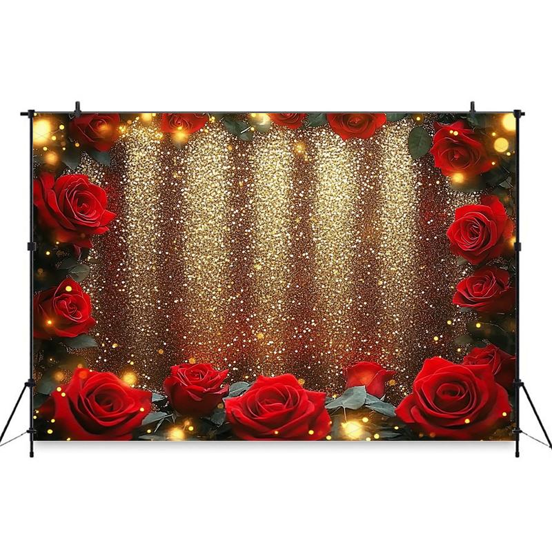 Mocsicka Valentine's Day Background Red Rose Party Flower Gold Shiny Screen Wallpaper Wedding Decorations Backdrop Studio Banner