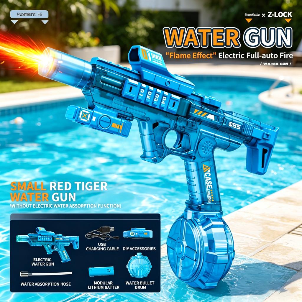 Jiaolong Flaming Electric Water Gun with LED Lights Outdoor Summer Beach Pool High Capacity Long Range Shooting Toy Party Gift