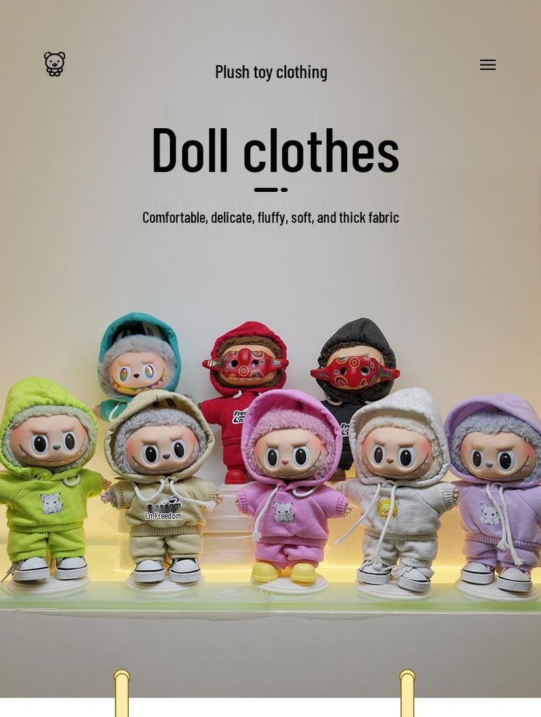 Labubu Hoodie Set: Einfarbige Puppenkleidung mit Anhänger für Erste & Dritte Generation, 17cm austauschbare Plüsch-Merchandise.