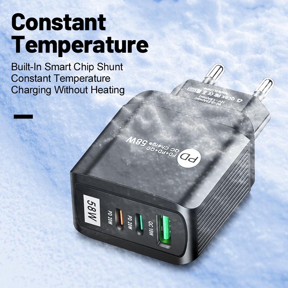 Luminous 58W Fast Charger: Dual Fast Charge 2PD + QC3.0 USB for Mobile Phones, Certified PD Charger