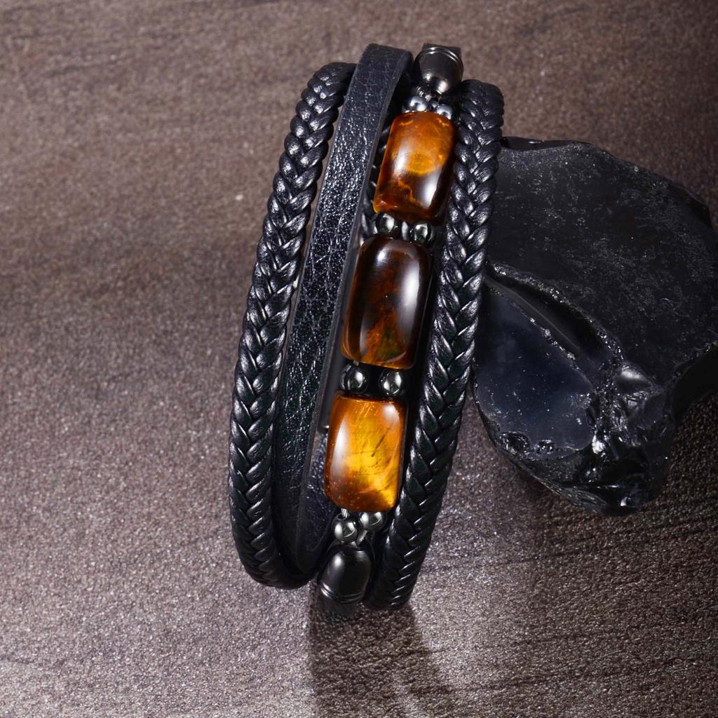 Tiger-eye Stone Bracelet - Multi-layered Woven Leather Rope, Fashionable, Unique, Versatile Leather Bracelet