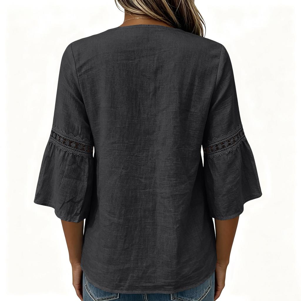 Women Lace Trim Waist Shirt Square Neck Tie Top Casual 3/4 Sleeve Blouse Lightweight Breathable Fabric Relaxed Fit