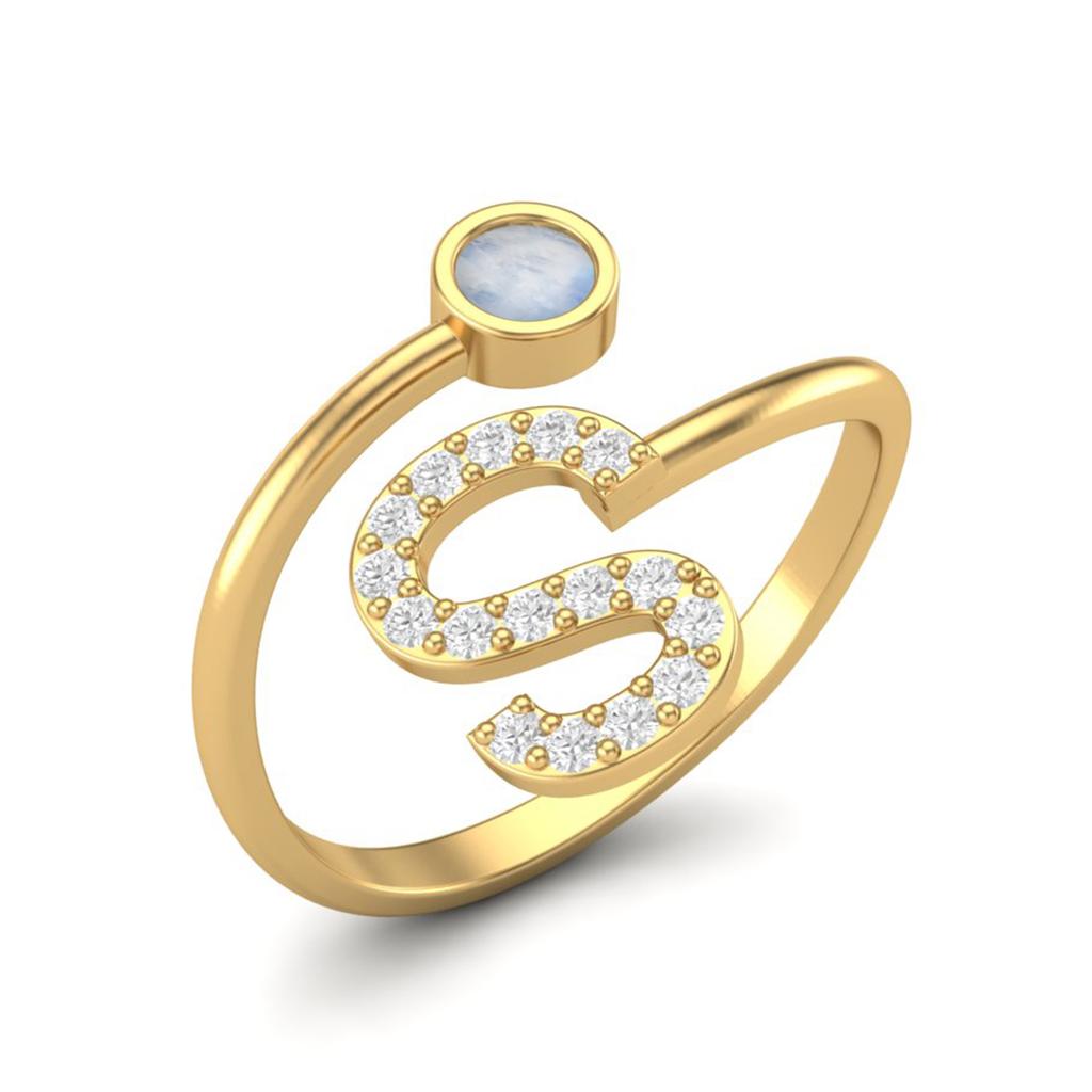 Capital S Initial Letter Moonstone Women Adjustable Front Open Ring 925 Sterling Silver Gold Vermeil