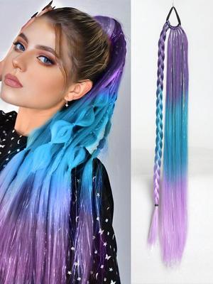 Synthetic Gradient Multi Color Long Straight Ponytail Extension With Rubber Band And Metal Wire Color 28 Inch Ponytail For Daily Use