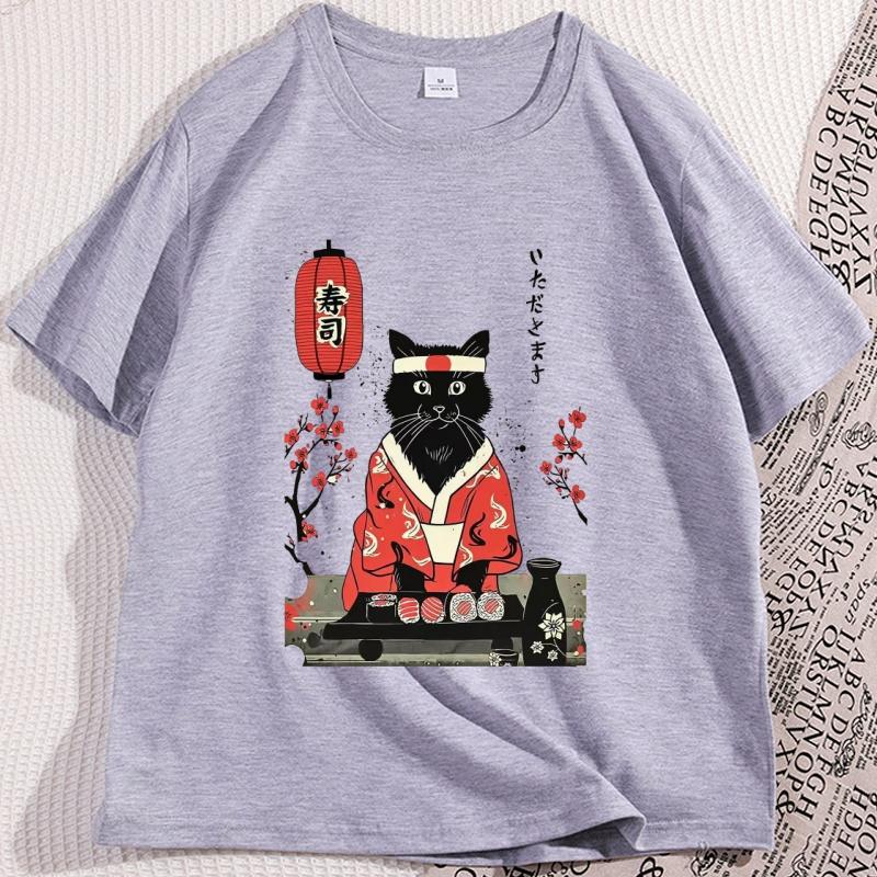 Japanese Sushi Cat Kitten Tshirt Men Women Manga Top Tee Retro Short Sleeve Oneck Cotton Tees Cat Printed Man Clothing Y2k