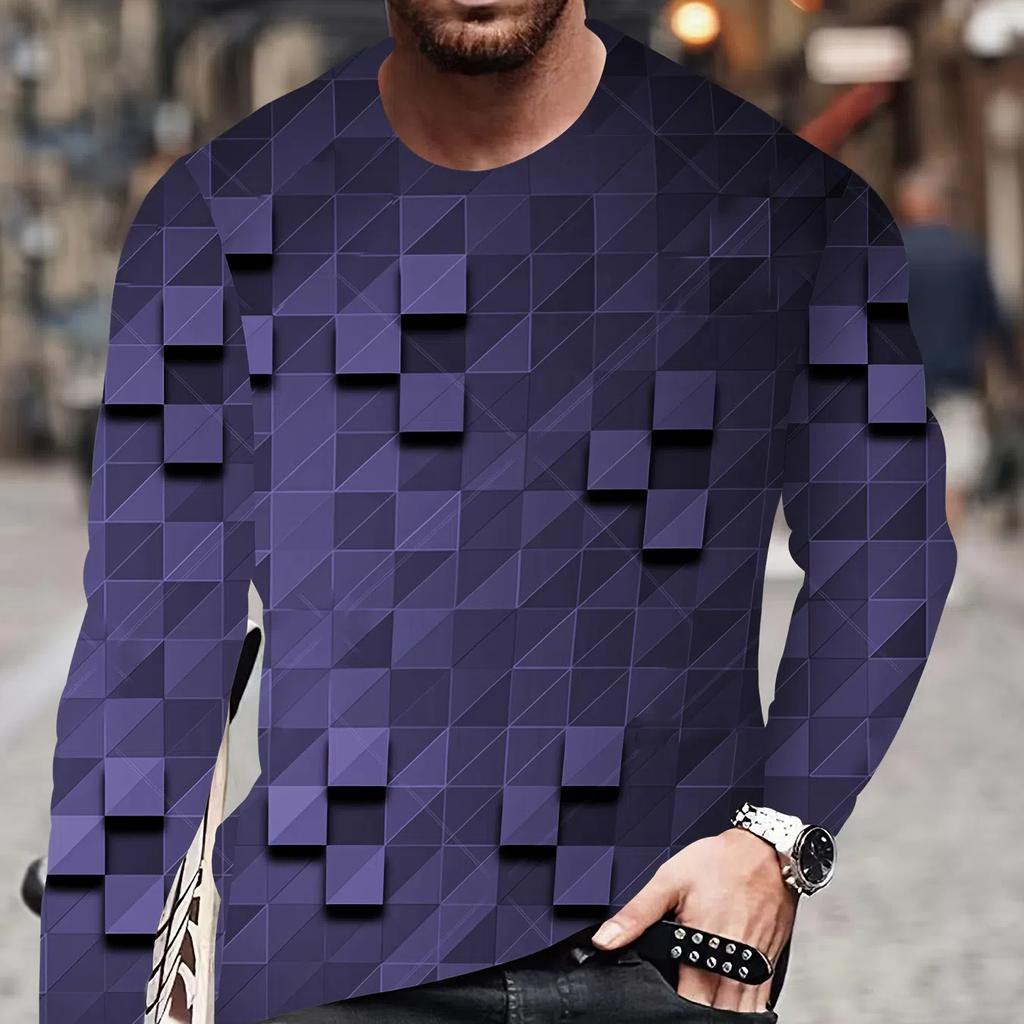 3D Print Long Sleeve Crew Neck Chic Geometric T-shirt for Men  Stylish Spring Fall Essential  Comfortable Daily Wear