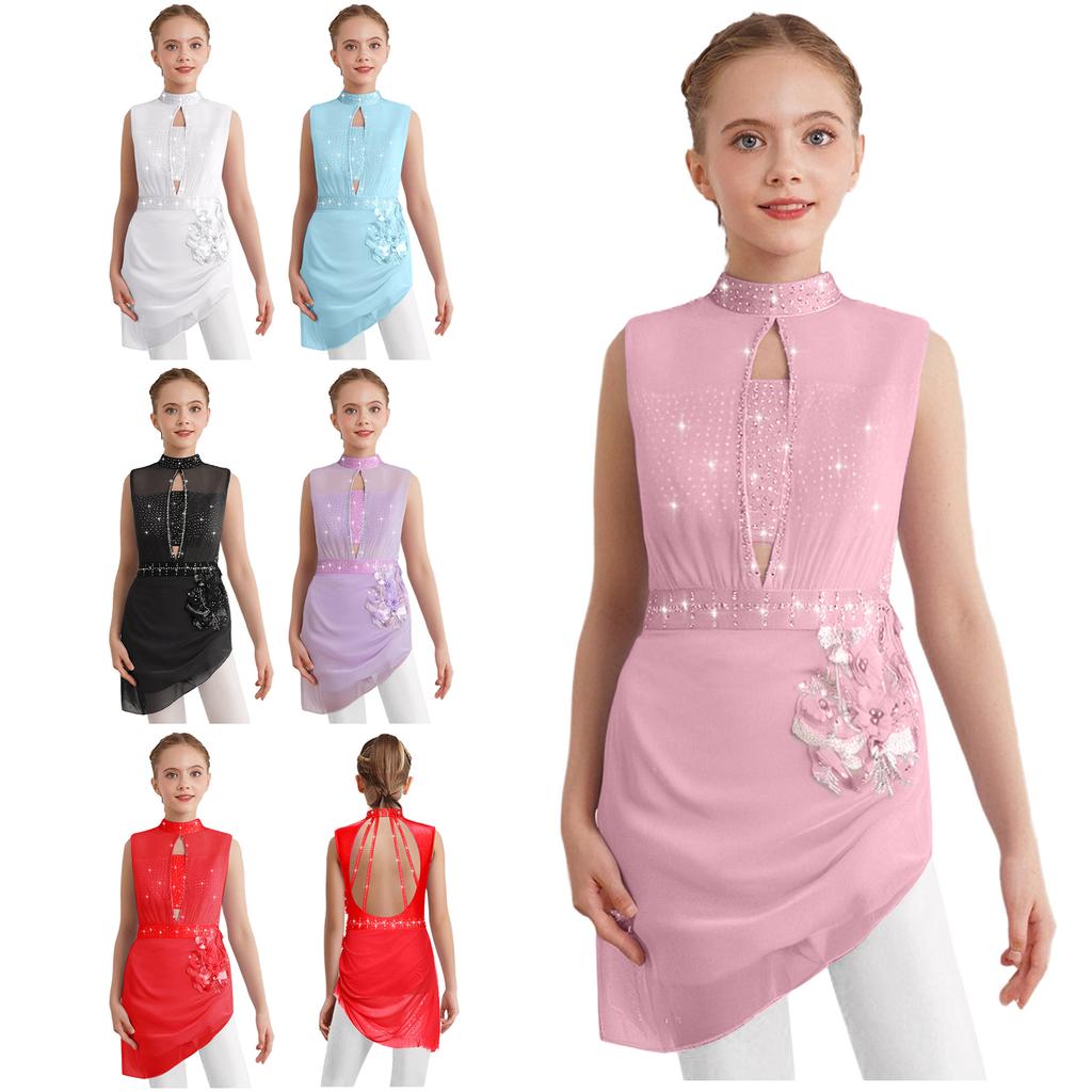 Kids Ice Skating Performance Costume Rhinestone Embellished Sleeveless Backless Mesh Overlay Asymmetrical Dress for Dance Show