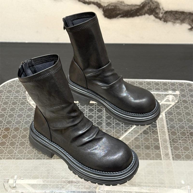 

New pleated thin short boots women s 2025 autumn and winter new thick heel stacking boots thick-soled British style velvet Martin boots 40 чорний