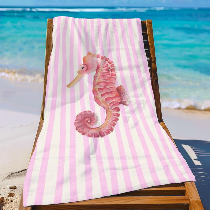 A Large Thick Beach Towel Featuring a Sweet And Fresh Ocean Theme with a Pink And White Striped Watercolor Seahorse Design