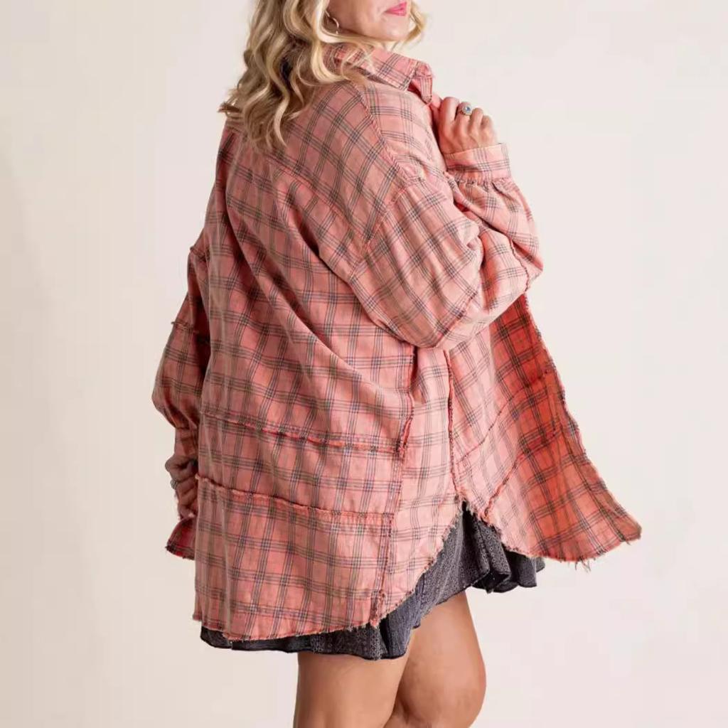 Womens Autumn and Winter Updated Style Rosted Lantern Sleeve Comfortable Fit Plaid Blouse