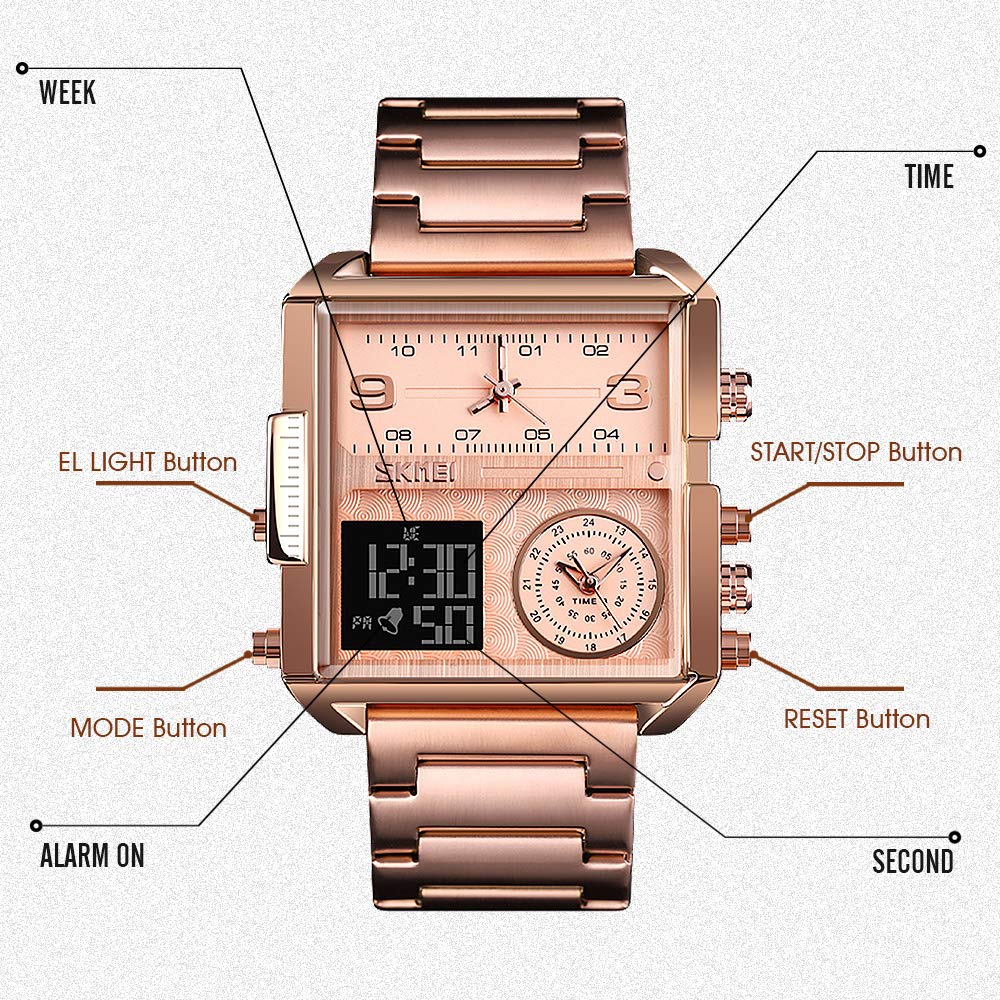 SKMEI Men's Digital Sports Watch LED Square Large Face Multi-Time Zone Waterproof Stopwatch Rose Gold-Light 1.78x1.61x0.55 inch Business