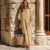 Women's V Neck Puff Three Quarter Sleeve Vertical Stripe Loose Fit Pocket Long Maxi Casual Summer Dress