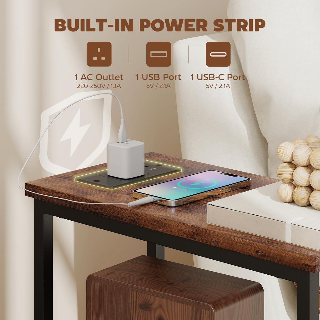 Side Table, Narrow Bedside Table with Charging Station, 2 Drawers, AC Outlet and 2 USB Ports for Living Room, Bedroom
