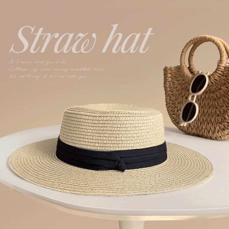 Flat top straw hat women's summer sunshade big head circumference flat brim seaside beach vacation top hat sunscreen sun hat