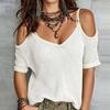 Blusa Moda Donna Estiva Casual Lavorata a Maglia Manica Corta Scollo a V Tinta Unita Patchwork Top Chic Camicie da Donna Bluse per le Vacanze