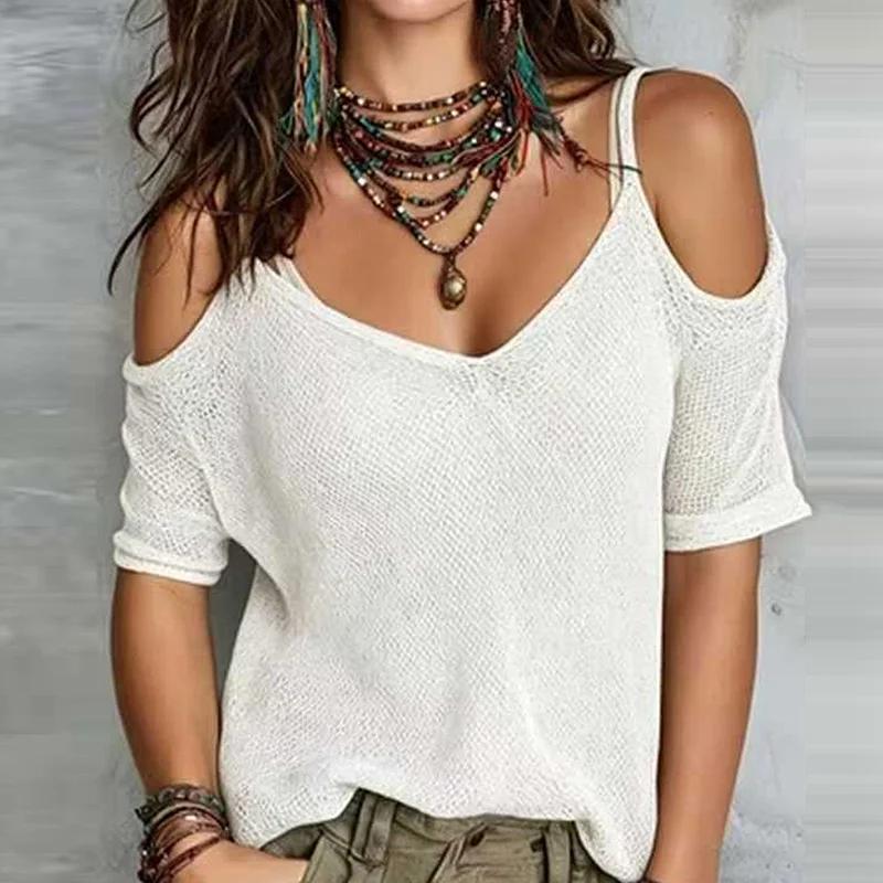 Blusa Moda Donna Estiva Casual Lavorata a Maglia Manica Corta Scollo a V Tinta Unita Patchwork Top Chic Camicie da Donna Bluse per le Vacanze