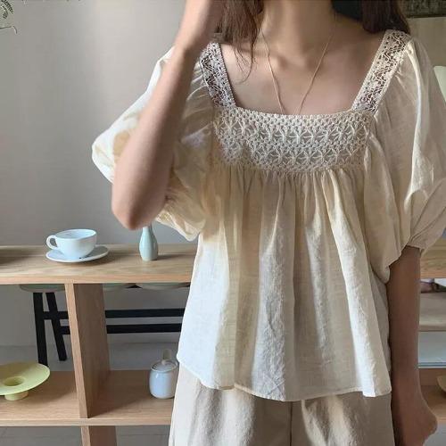 Women s Square Neck Shirt Summer Loose Bubble Sleeve Short Sleeved Top Shirt S абрикосовый