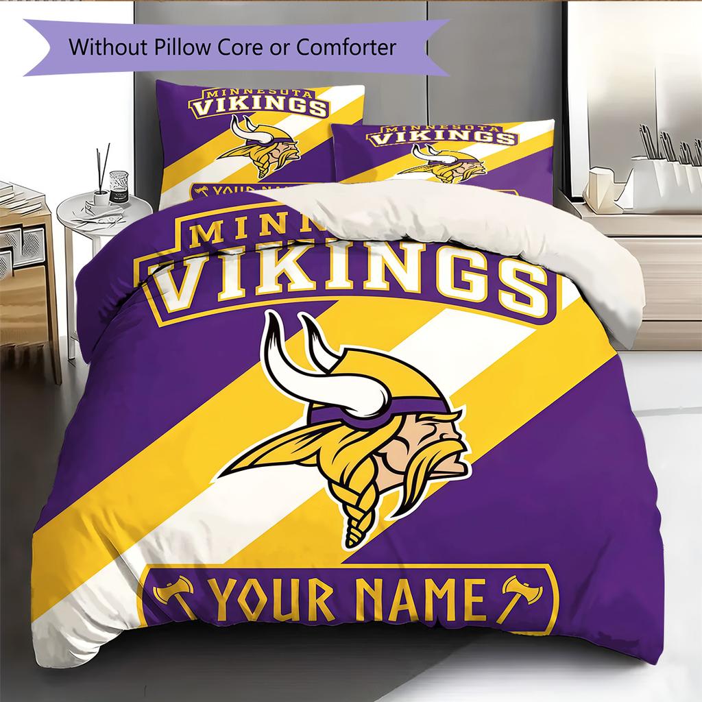 Benutzerdefinierter Name Minnesota Vikings 3 Muster Bettwäsche Steppdecke Set Heimdekoration Geschenk (1 Bettbezug + 2 Kissenbezüge (ohne Füllung))