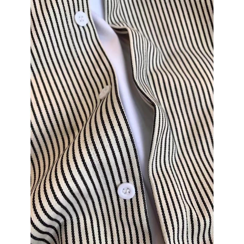 Black White Striped Long Sleeve Loose Fit Polo Shirt For Women Couple Casual Top