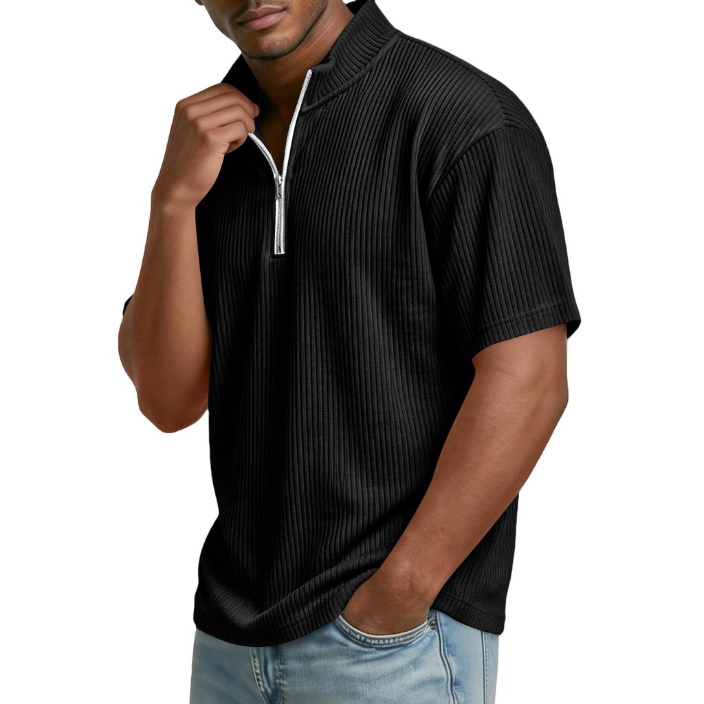 Top Pulóver Casual para Hombre de Manga Corta con Cremallera Media y Tejido de Canalé, Cuello Alto, Textura Suave, Corte Relajado, Camisa para Uso Diario
