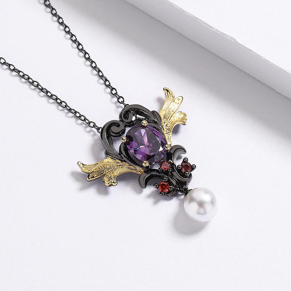 Pearl Pendant Female Elegance Zircon Jewelry Inlaid Sweater Chain Black Gold Love Necklace High Quality Two-Color Purple