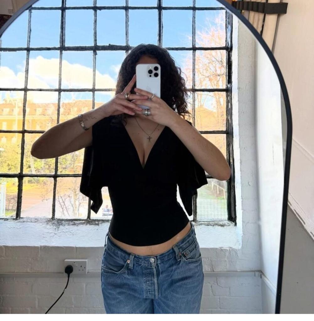 Women's European Deep V-Neck Short Sleeve Tie-Waist Slim-Fit Summer Top