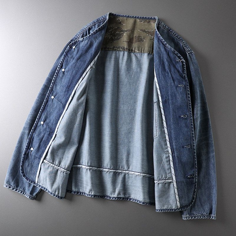 Collarless Denim coat Men's Spring and Autumn Japan fashion Retro Fashion Brand Patchwork Top Export Overplus Order Men's Clothing Jacket