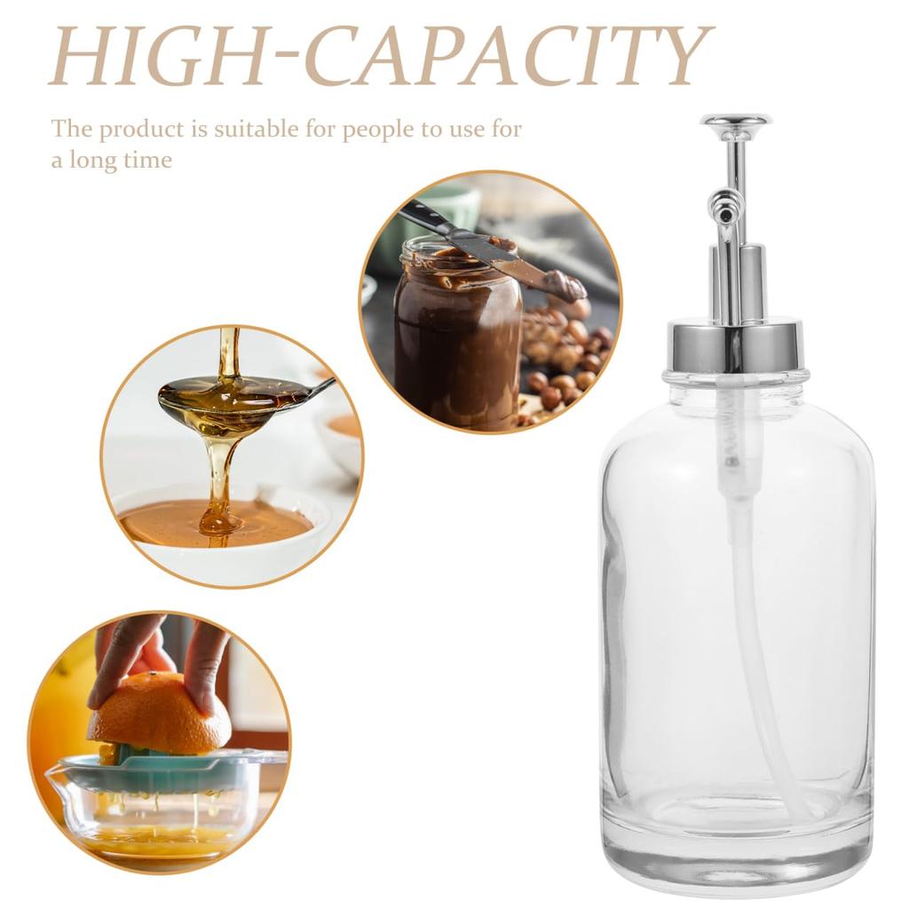 SAFIGLE Glass Syrup Dispenser Pump Bottle Lotion Soap Honey Dispenser Reusable 8.66X3.18In Compact Pump Lid for Kitchen Coffee Bar