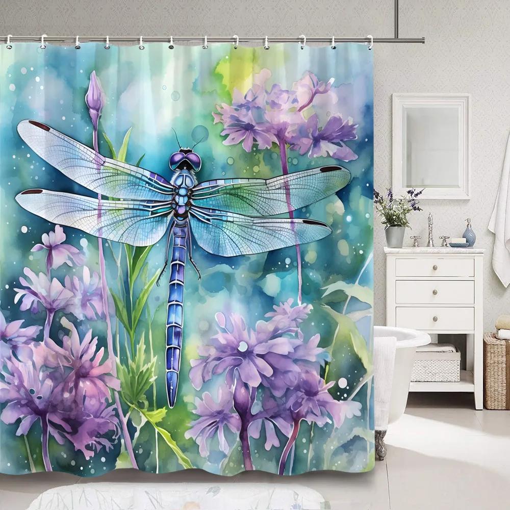 Dragonfly Watercolour Shower Curtain Dandelion Lavender Flower Polyester Fabric Home Art Bath Curtains Bathroom Decor with Hooks