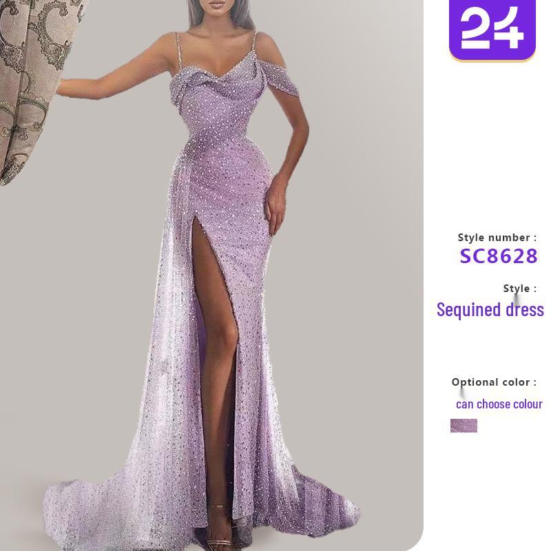 Robe de soirée à paillettes pour femme 2025: Jupe longue fendue irrégulière transfrontalière européenne et américaine avec bretelles