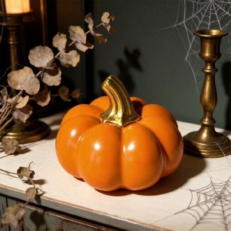 Realistic Pumpkin Figurine Resin With Gold Stem Harvest Pumpkin Decoration for Autumn Tabletop Centerpieces, Thanksgiving Decoration
