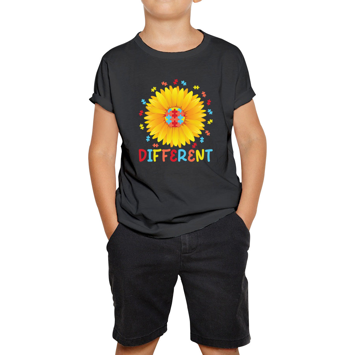 Different Sunflower Autism Awareness Month Sunflower Puzzle Acceptance Autism Support Kids T Shirt 110