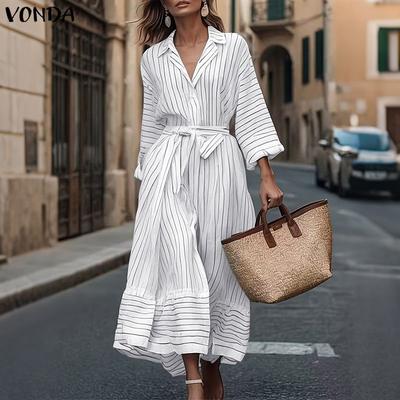 Elegante Camisa Larga Casual para Mujer con Cuello Solapa, Manga Larga y Cinturón Rayado