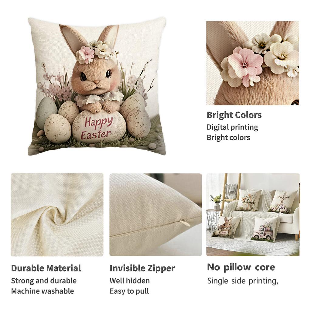 4Pcs Spring Easter Happy Pillowcase, Cute Rabbit, Plant Flowers, Easter Egg Print Home Decoration Farmhouse Sofa Cushion Cover
