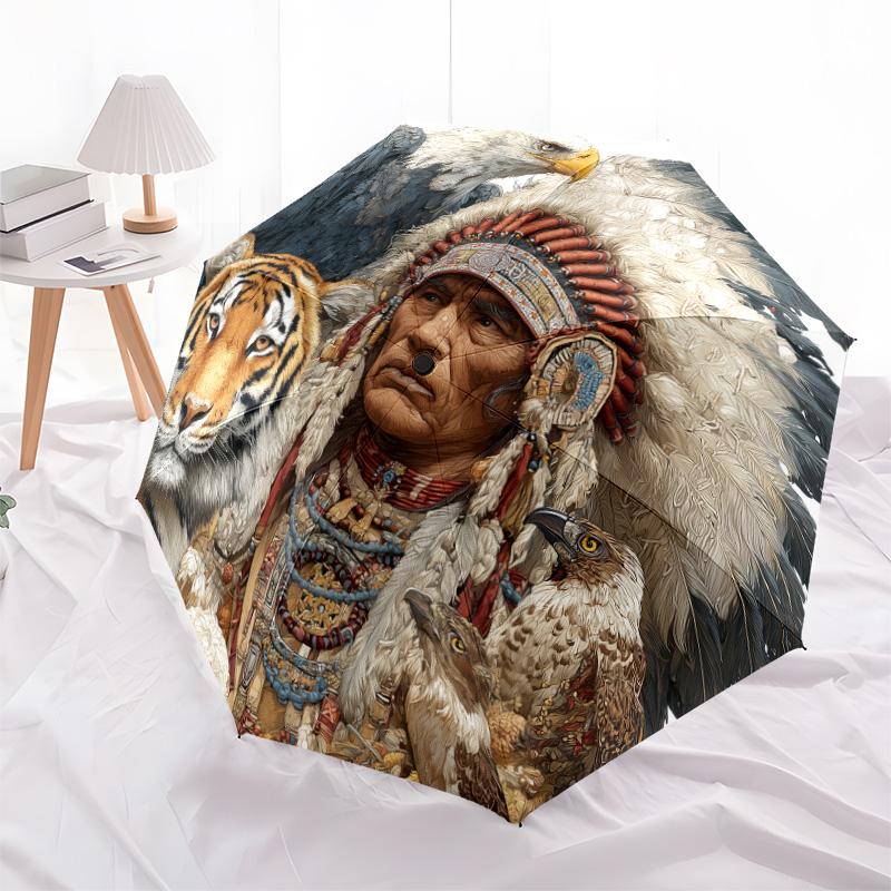 

Native American Eagle and Tiger pattern, automatic folding umbrella, portable and foldable design, 8 ribs, a Christmas or birthday gift.